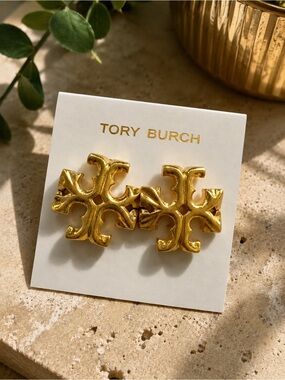 Tory Burch Shiny Gold Double‑T Post Back Earrings